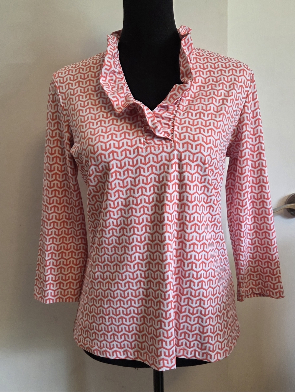 J. McLaughlin Durhan Ruffle Catalina Cloth Coral White 3/4 Sleeve Top Medium - Picture 4 of 6